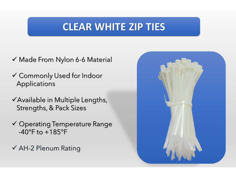 Clear Zip Ties - 8" Inch Long - Natural Nylon - 40 Lbs Tensile Strength - 1000 pc