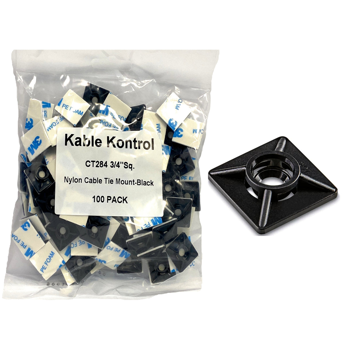 Adhesive Cable Tie Mounts 3/4" Sq UV Black Nylon 100 pcs — KABLE