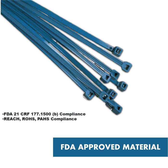 Metal Detectable Zip Ties - 8" Long - 40 Lbs Tensile Strength - 100 pc Pack - Blue
