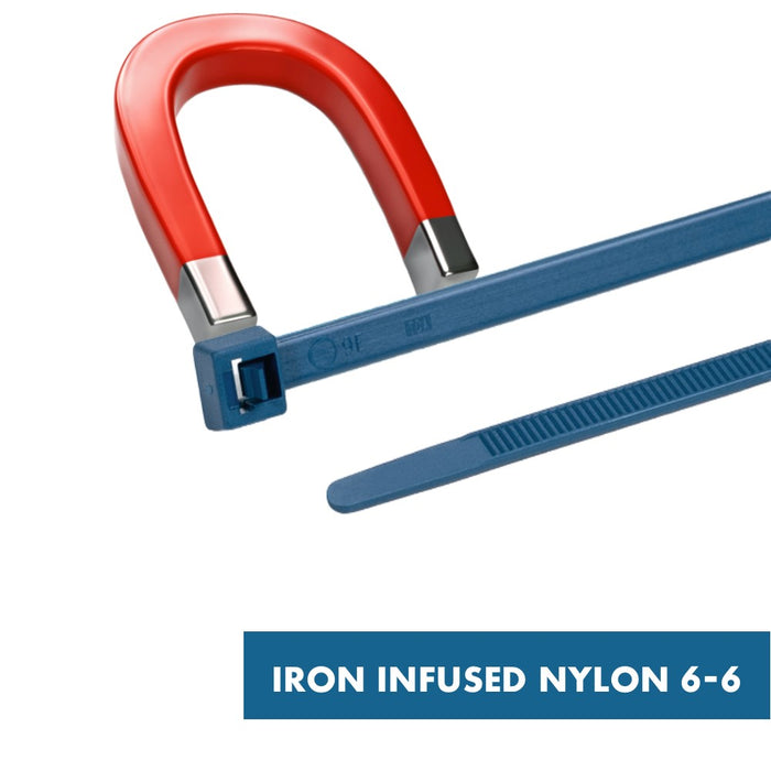 Metal Detectable Zip Ties - 8" Long - 50 Lbs Tensile Strength - 100 pc Pack - Blue