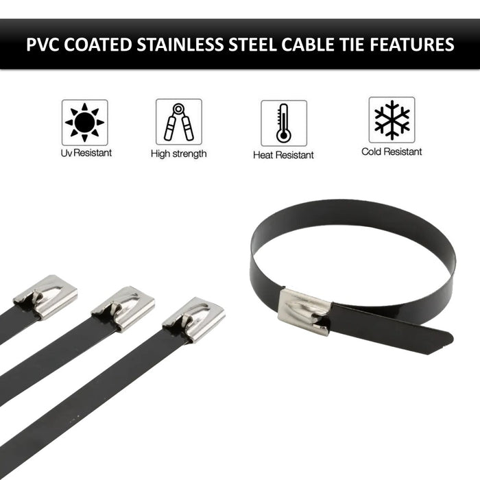 Plastic Coated Stainless Steel Cable Ties - 11" Inch Long - 200 Lbs Tensile Strength - 100 Pcs Pack - Black