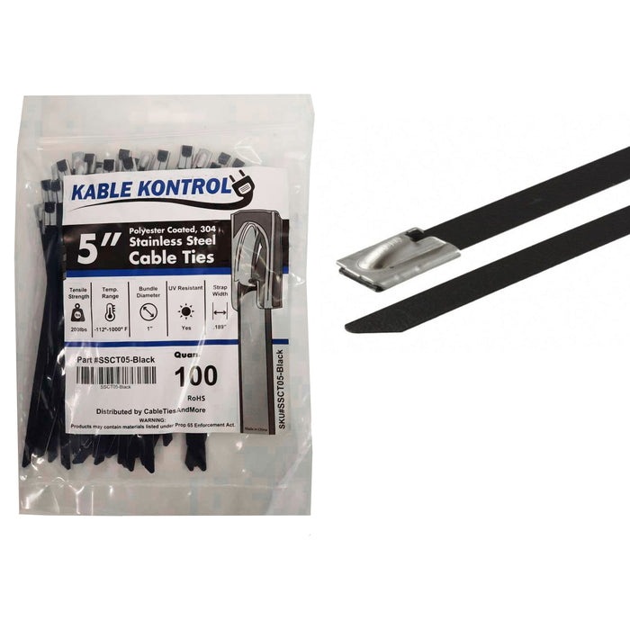 Plastic Coated Stainless Steel Cable Ties - 11" Inch Long - 200 Lbs Tensile Strength - 100 Pcs Pack - Black