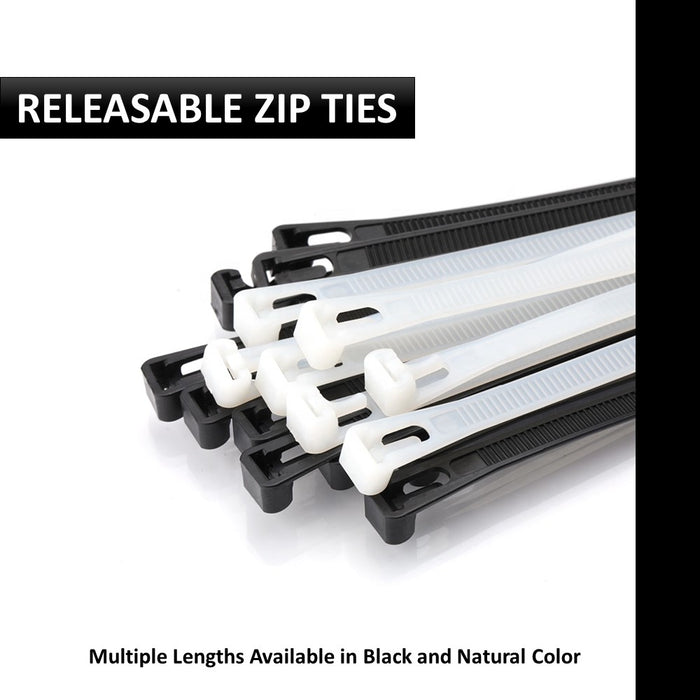 Releasable Reusable Zip Ties - 6" Long - 50 Lbs Tensile Strength - 100 pack - UV Black