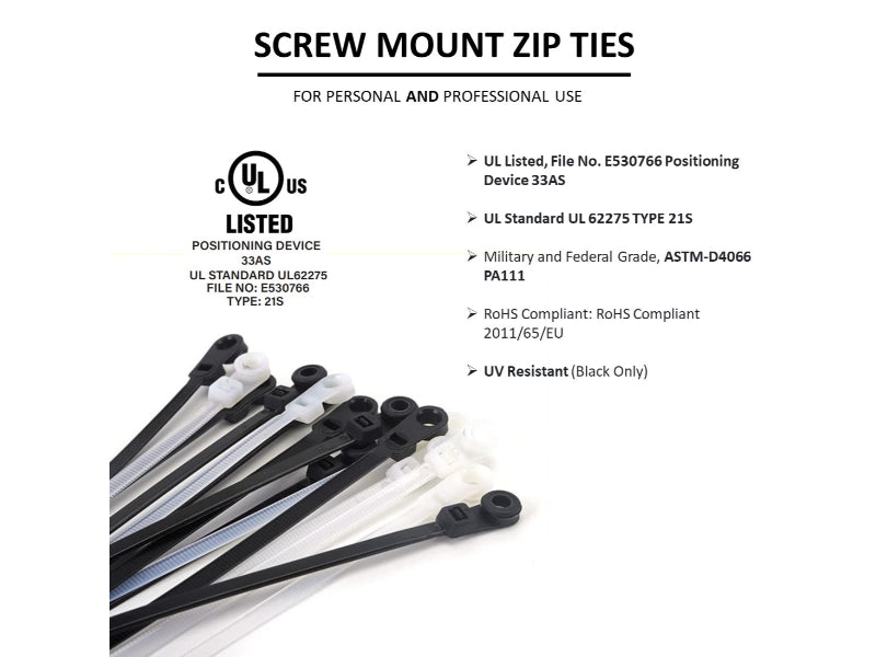 11" Long Screw Mount Cable Ties - 50 Lb Tensile Strength - 100 Pack - Black