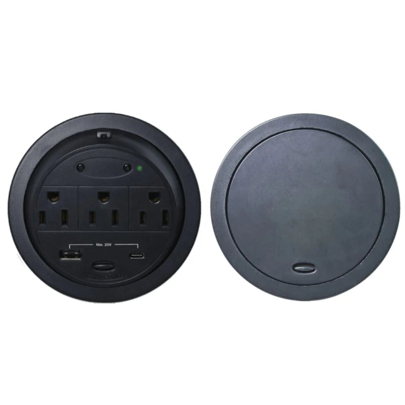 Powertap Desk Outlet Power Grommet - 3 Power Outlets + 1 USB-A Port + 1 USB-C Port