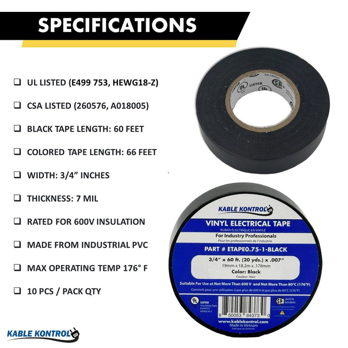 Blue PVC Electrical Tape - 3/4" Wide x 66' Long - 1 Pc
