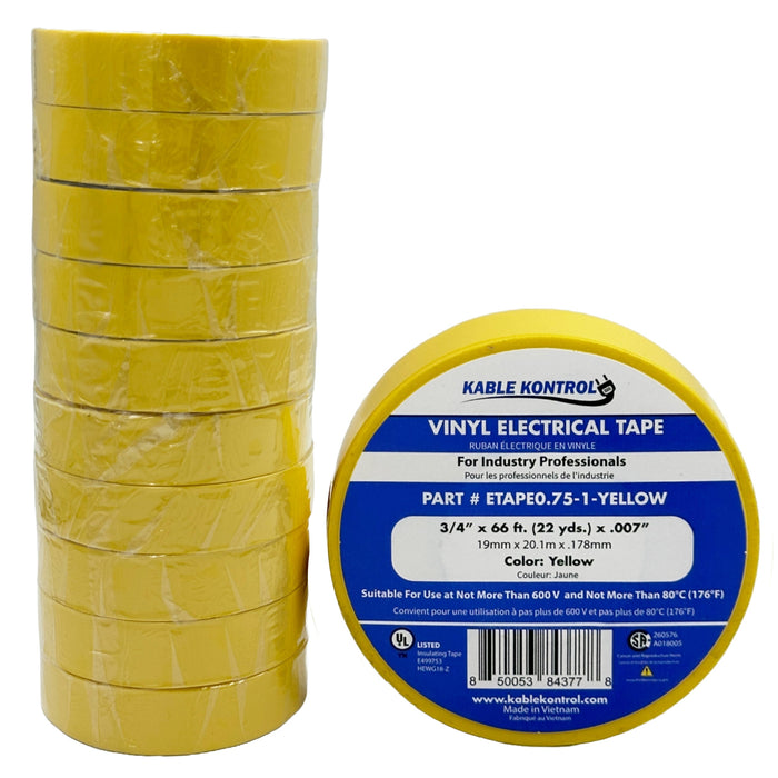 Yellow PVC Electrical Tape - 3/4" Wide x 66' Long - 1 Pc
