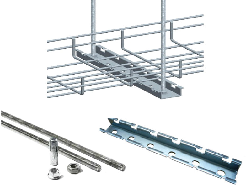 Cable Tray Hanger Kit - 12" Wide Horizontal Support Bar  - (2) 3/8" Threaded Rod - (2) Common Nuts